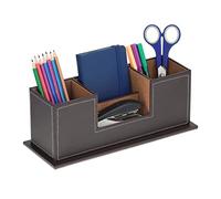 Relaxdays Organizer da Scrivania Ufficio, 4 Scomparti Porta Matite, Portapenne in Similpelle, HLP 11x29,5x11 cm, Marrone, Poliestere