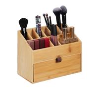 Relaxdays Organizer in bambù per Cosmetici, Porta Trucchi, 19 x 25,5 x 12,5 cm, Portapennelli e 1 Cassetto, Naturale, Poliestere