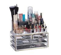 Relaxdays Organizer Make-up, Contenitore con Porta-Rossetti 4 Cassetti Acrilico, Beauty Box Salvaspazio, Trasparente Oro