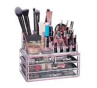 Relaxdays Organizer Make-up, Contenitore con Porta-Rossetti 4 Cassetti Acrilico Beauty Box Salvaspazio, Trasparente Rosa, Righe Rosa, 19 x 24 x 13,5 cm