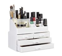 Relaxdays Organizer Make-up, Contenitore con Porta-Rossetti e 4 Cassetti, Acrilico, Beauty Box Salvaspazio, Bianco, 19 x 24 x 13,5 cm