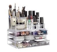 Relaxdays Organizer Make-up, Contenitore con Porta-Rossetti e 4 Cassetti, Acrilico, Beauty Box Salvaspazio, Trasparente, 13.5 x 24 x 19 cm