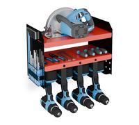 Relaxdays Organizer per Attrezzi Elettrici, Portautensili da Lavoro, per 4 Trapani, per Garage e Officina, Rosso Nero, Acciaio, 30,5 x 44 x 23 cm