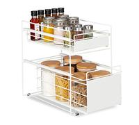 Relaxdays Organizer per la Cucina, 2 Piani Estensibili, Organizzatore Autoportante, Salvaspazio,Cassetto Multiuso,Bianco
