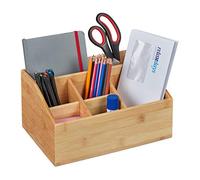 Relaxdays Organizer per Scrivania, in Bambù, 6 Scomparti, Portaoggetti per Casa e Ufficio, HLP 14 x 28 x 20 cm, Naturale