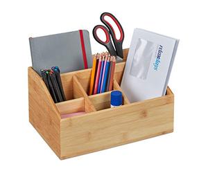 Relaxdays Organizer per Scrivania, in Bambù, 6 Scomparti, Portaoggetti per Casa e Ufficio, HLP 14 x 28 x 20 cm, Naturale