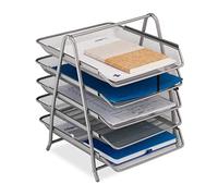 Relaxdays Organizer Portadocumenti con 5 Vaschette, Portalettere A4, HLP: 37,5 x 30 x 35 cm, Rete in Acciaio, Argentato
