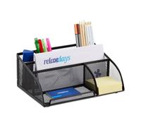 Relaxdays Organizer Scrivania 5 Scomparti, Portaoggetti in Metallo Forato, Portapenne, Portalettere, Nero, Acciaio