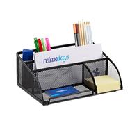 Relaxdays Organizer Scrivania 5 Scomparti, Portaoggetti in Metallo Forato, Portapenne, Portalettere, Nero, Acciaio