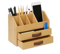 Relaxdays Organizer scrivania, cassetti e scomparti, HxLxP: 19 x 24 x 14 cm, bambù e MDF, naturale/marrone