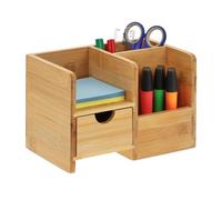 Relaxdays Organizer da Scrivania con Cassetto Portaoggetti, 2 Scomparti Portapenne, HLP: 14x20,5x13 cm, bambù, Naturale