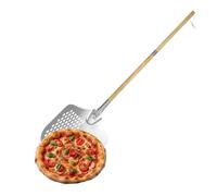 Relaxdays Pala per Pizza, Perforata, Manico in Legno Regolabile, 132 cm, Alluminio e Acciaio Inox, Argento