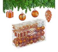 Relaxdays Palline di Natale, Set 72 Palle Natalizie Opache, Lucide, Glitterate, Pigne, Cuori, Regali, Plastica, Arancio