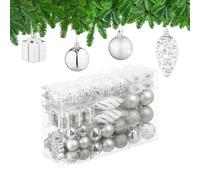 Relaxdays Palline di Natale, Set 72 Palle Natalizie Opache, Lucide, Glitterate, Pigne, Cuori, Regali, Plastica, Argento
