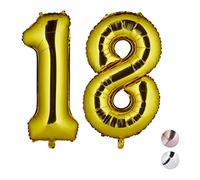 Relaxdays Palloncini in Foil a Forma di Numero 18, per Compleanni, ad Aria e ad Elio, XXL, Pellicola, Gold, H x B x T: ca. 85 x 50 x 17 cm