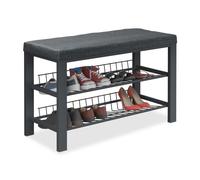 Relaxdays Panca Scarpiera da Ingresso, 2 Ripiani Portascarpe, Panchina Cuscino Imbottito, 50,5x82x33 cm, Nero, Fibra di Legno