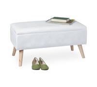 Relaxdays Panca Contenitore, 40x41x80 cm, 40L, Seduta Imbottita, Gambe in Legno, Pouf Cassapanca, 2 Posti, Bianco, Fibra