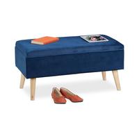 Relaxdays Panca Contenitore, 40x41x80 cm, 40L, Seduta Imbottita, Gambe in Legno, Pouf Cassapanca, 2 Posti, Blu Scuro