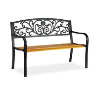 Relaxdays Panchina da Giardino, Arredo da Esterno in Legno & Metallo, Design Rustico, HLP: 86,5x127x59 cm, Marrone/Nero