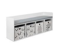 Relaxdays Panca per Bambini con Contenitore, 54x142x32 cm, 4 Casse Pieghevoli, Motivi Animali, Cuscino, Bianco/Grigio, Fibra di Legno, Poliestere, Gommapiuma, 54 x 142 x 32 cm