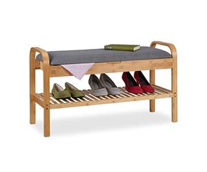 Relaxdays Panca per l'Ingresso, in bambù, Ripiano Poggiascarpe, Scomparto Salvaspazio, HLP: 50x90x33 cm, Naturale Grigio