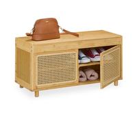 Relaxdays Panca scarpiera da ingresso 2 ripiani con ante in rattan bambù Naturale 45x90x37 cm