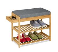 Relaxdays Panca Scarpiera per Ingresso, 2 Ripiani Portascarpe, Cuscino e Cassetto, 49x55x30cm, bambù, Naturale Grigio
