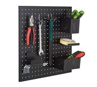 Relaxdays Pannello Portautensili con 9 Accessori, Ganci Porta Utensili e Fori, Parete Banco da Lavoro, Nero, Acciaio, 1 pz