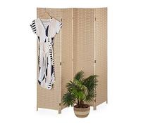 Relaxdays Paravento a 4 Pannelli, HxL 170x160cm, Separé Pieghevole per Stanze, Legno e Plastica, Interni, Marrone Chiaro