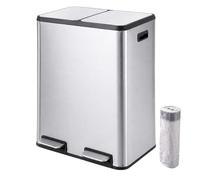 Relaxdays Pattumiera, argento | 2 scomparti, 2x30 l, secchi interni estraibili, Softclose, pedale, acciaio inox, cucina