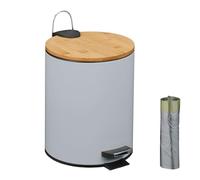 Relaxdays 5 L Pattumiera Bagno a Pedale, Cestino Interno Estraibile, Silenzioso, con Sacchetti, Ferro e bambù, Grigio, 20% 10% plastica 70%