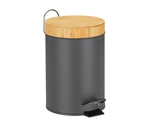 Relaxdays Pattumiera da Bagno con Pedale 3 L, Cestino con Coperchio in Legno bambù, Secchio Interno Estraibile, Grigio
