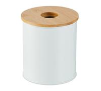 Relaxdays Pattumiera da Tavolo Bagno 2L, Cestino Rifiuti Cosmetici, Foro sul Coperchio, Bidoncino Ferro e bambù, Bianco, 15 x 13.5 x 13.5 cm