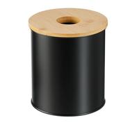 Relaxdays Pattumiera da Tavolo Bagno 2L, Cestino Rifiuti Cosmetici, Foro sul Coperchio, Bidoncino in Ferro e bambù, Nero, 15 x 13.5 x 13.5 cm