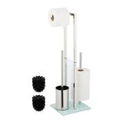 Relaxdays Piantana Portarotolo e Scopino, Portascopino da Bagno, Porta 3 Rotoli di Carta, 64,5x24x18 cm, Acciaio Inox