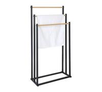Relaxdays Portasciugamani da Terra, Piantana da Bagno con 3 Aste Porta Asciugamani e Salviette, Ferro, 86x44x21 cm, Nero, Marrone Chiaro, 86 x 44 x 21 cm