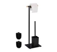 Relaxdays Piantana Portarotolo e Scopino, Portascopino da Bagno, Carta Igienica, Supporto Acciaio e bambù, Naturale Nero, Inox, HLP: 64,5x22x18 cm