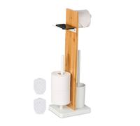 Relaxdays Piantana Portarotolo e Portascopino da Bagno, Porta Carta Igienica Scorta, 68x27x18 cm, bambù, Ferro, Bianco, Plastica