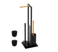 Relaxdays Piantana Portarotolo e Portascopino da Bagno, Porta Rotoli Carta Igienica, 65x21x18 cm, bambù, Ferro, Nero