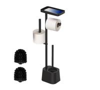 Relaxdays Piantana Portarotolo e Portascopino da Bagno, Porta Rotoli Carta Igienica, 65,5x29x11,5 cm, Acciaio Inox, Nero