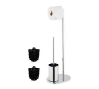 Relaxdays Piantana Portarotolo e Portascopino da Bagno, Porta Rotolo di Carta Igienica e Scopino WC, 63x23x17cm, Argento, Acciaio Inox, Plastica, Gommapiuma