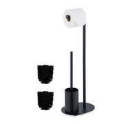 Relaxdays Piantana Portarotolo e Portascopino da Bagno, Porta Rotolo di Carta Igienica e Scopino WC, 63x23x17 cm, Nero, Gommapiuma, Ferro, Acciaio Inox