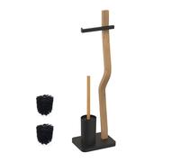 Relaxdays Piantana Portarotolo e Portascopino da Bagno, Rotolo Carta Igienica, HLP: 78,5x23x18 cm, Legno e Ferro, Nero