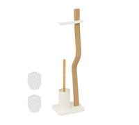 Relaxdays Piantana Portarotolo e Portascopino da Bagno, Rotolo Carta Igienica, HLP: 78,5x23x18 cm, Legno e Ferro, Bianco