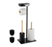 Relaxdays Piantana Porta Rotolo e Scopino da Bagno, 66,5x30x20 cm, Carta Igienica di Scorta, Ferro, bambù, Naturale Nero, Plastica