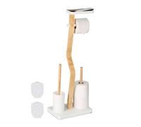 Relaxdays Piantana Porta Rotolo e Scopino da Bagno, 80x30x20 cm, Carta Igienica di Scorta, Ferro, bambù, Naturale Bianco, Plastica
