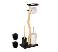 Relaxdays Piantana Porta Rotolo e Scopino da Bagno, 80x30x20 cm, Carta Igienica di Scorta, Ferro, bambù, Naturale Nero, Plastica