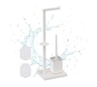 Relaxdays Piantana Portarotolo e Portascopino Bagno, Porta Rotoli Carta Igienica, 67,5x26x15,5 cm, PP, Ferro, Bianco