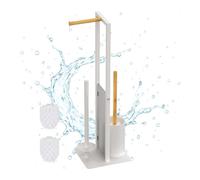 Relaxdays Piantana Portarotolo e Portascopino da Bagno, Porta Rotoli Carta Igienica, 65x21x18 cm, bambù, Ferro, Bianco, 65 x 21 x 18 cm