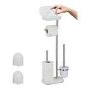 Relaxdays Piantana Portarotolo e Portascopino da Bagno, Porta Rotoli Carta Igienica, 69x31x16 cm, Acciaio Inox, Bianco
